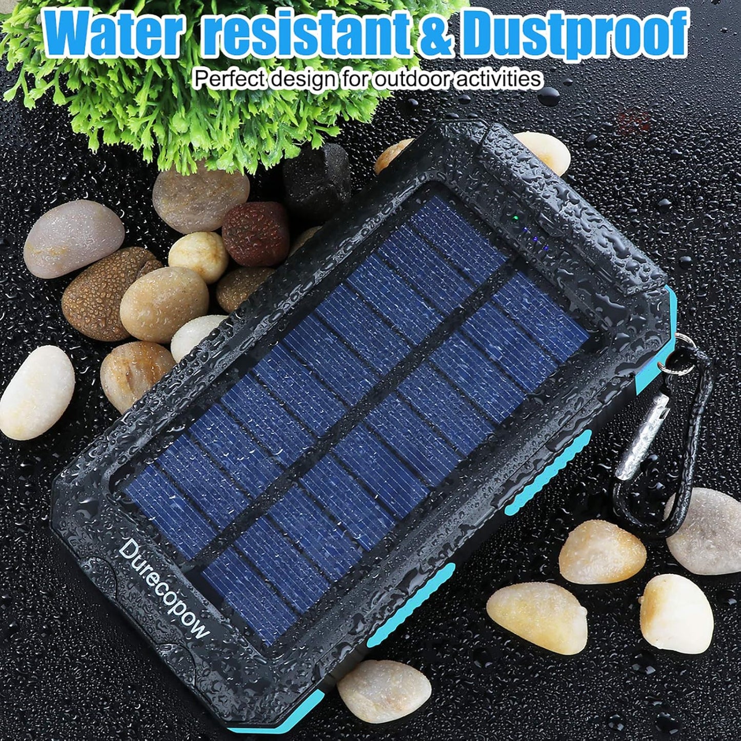 Solar Charger Power Bank, 20000Mah Portable Outdoor Waterproof Solar Battery Charger, Camping External Backup Battery Pack USB C Ports Input/Output, 2 Led Light Flashlight with Compass (Blue)