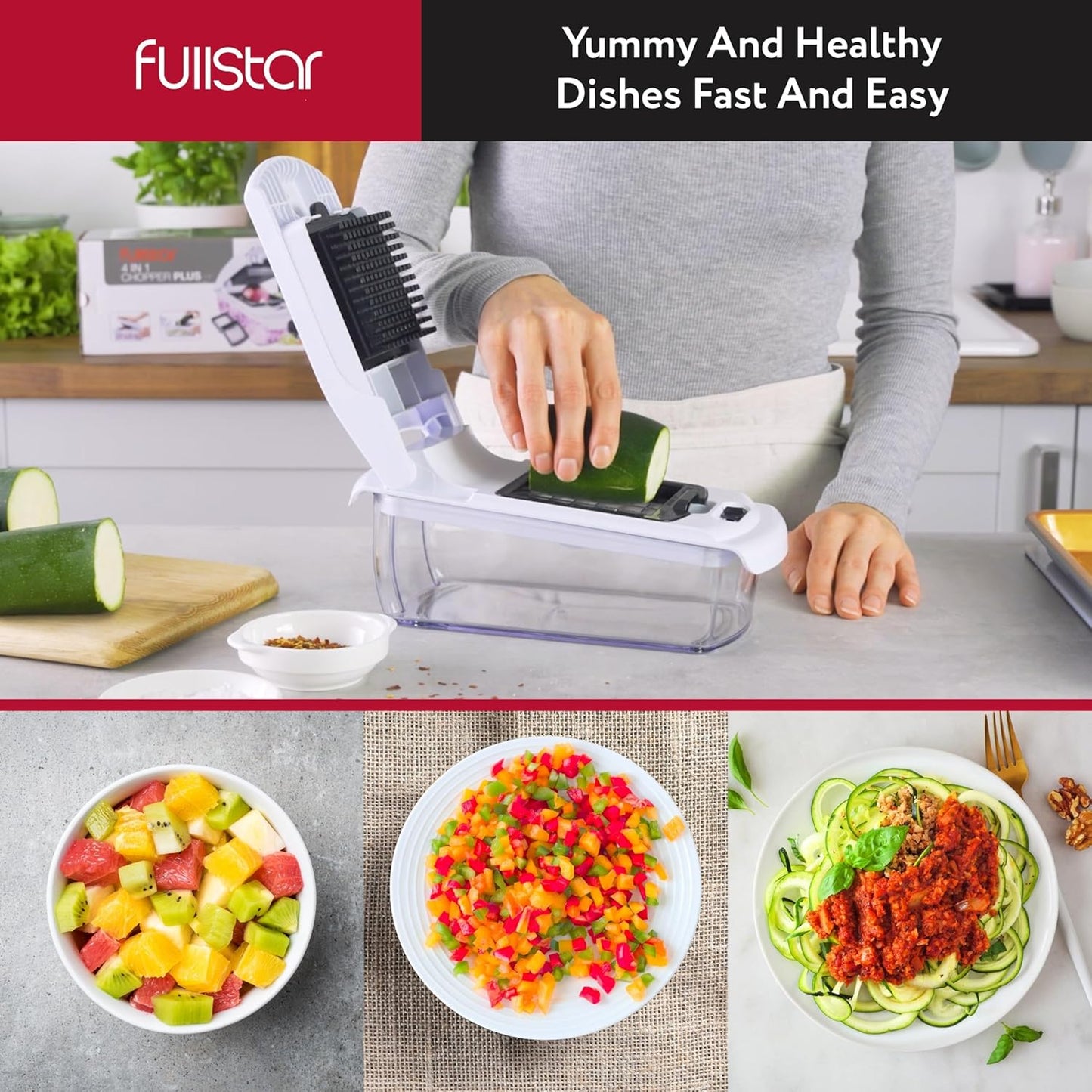 Vegetable Chopper and Spiralizer - Food Chopper with Container, Fruit Slicer, Kitchen Gadgets & Accessories, Home Essentials (4 in 1, White)