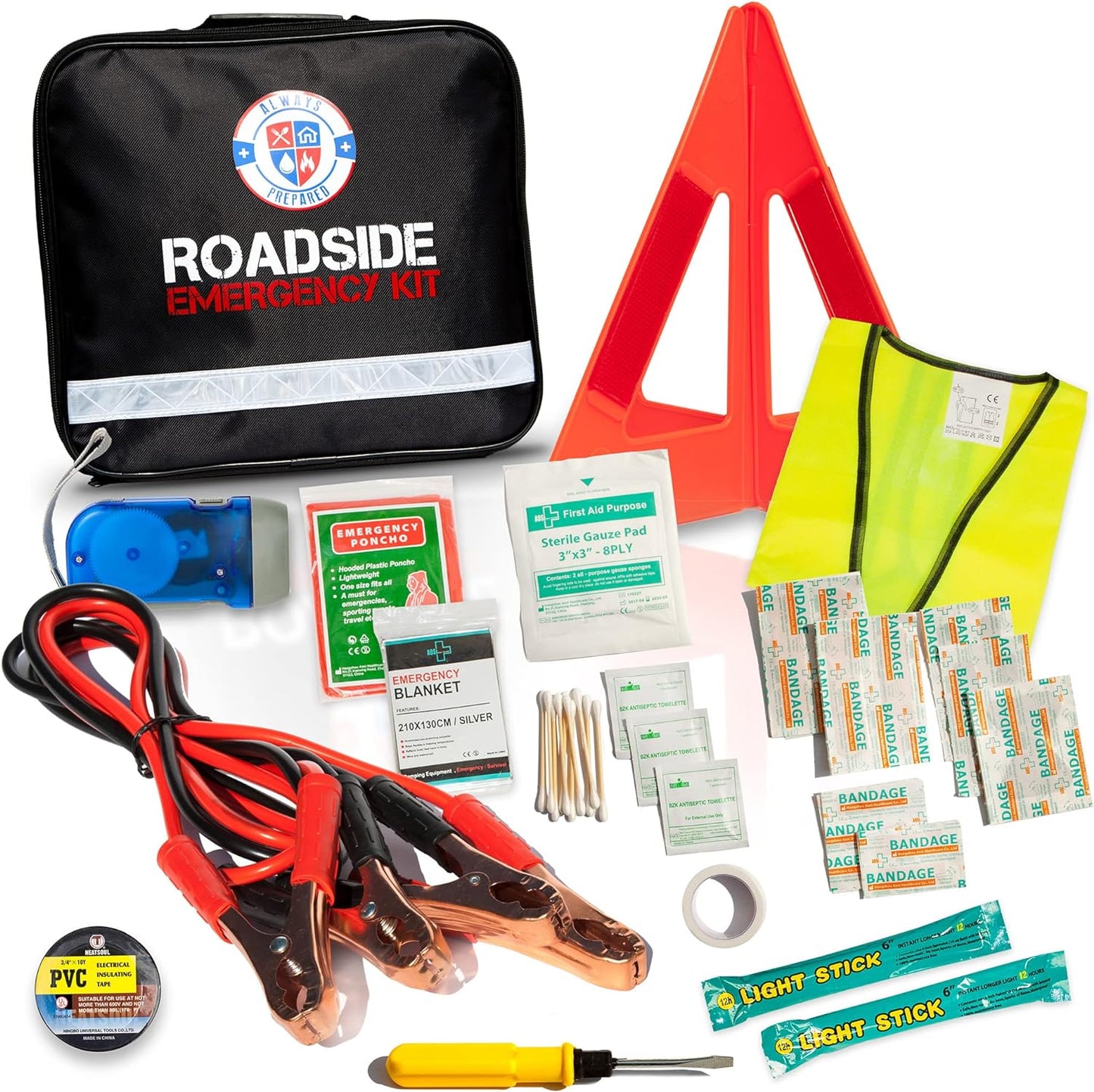 Standard Roadside Emergency Kit for Car - Car Safety Kit, Tools, First Aid, Visibility Gear & More - Perfect Roadside Assistance Kit Gift for New Drivers (62 Pc)
