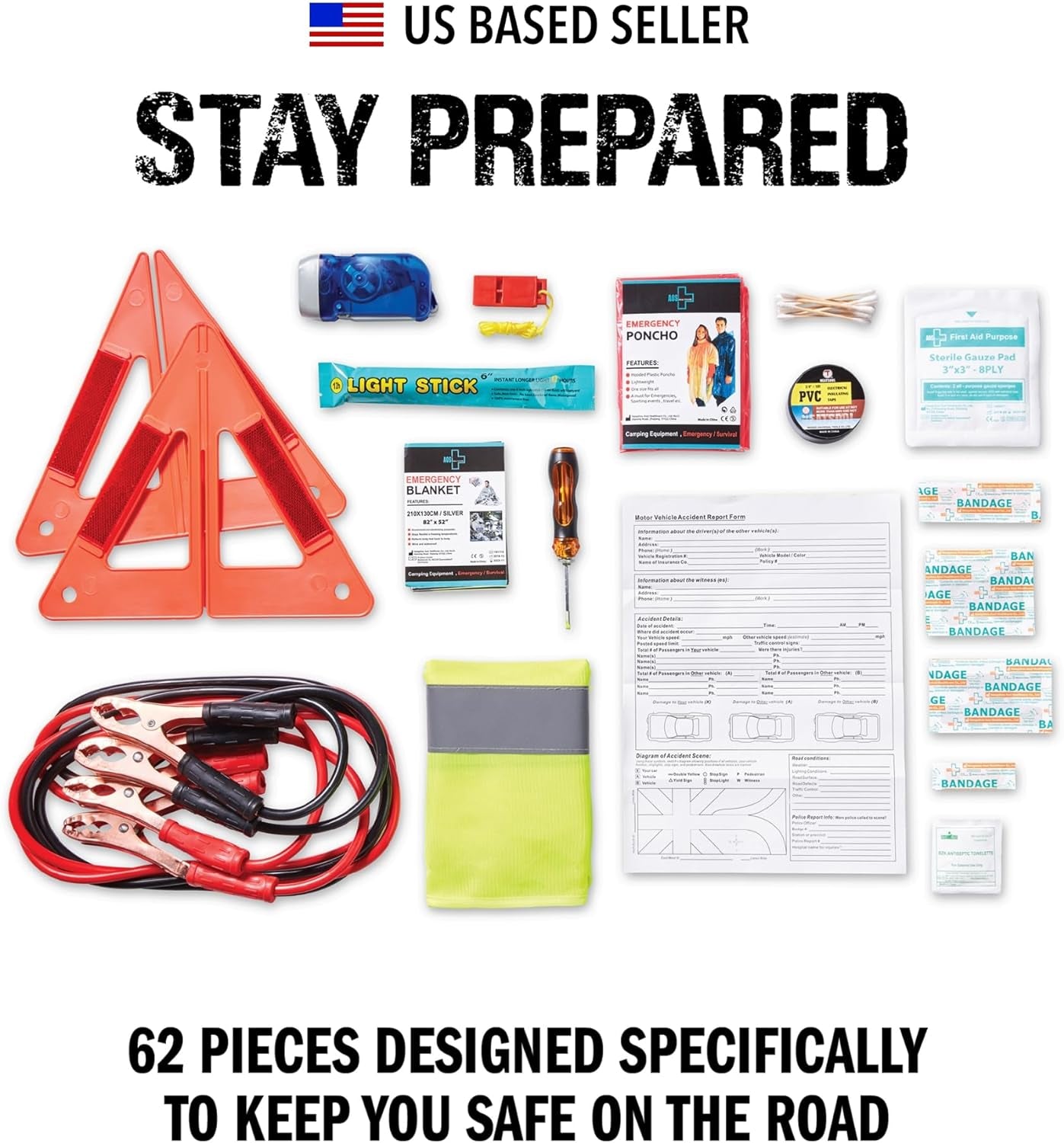 Standard Roadside Emergency Kit for Car - Car Safety Kit, Tools, First Aid, Visibility Gear & More - Perfect Roadside Assistance Kit Gift for New Drivers (62 Pc)