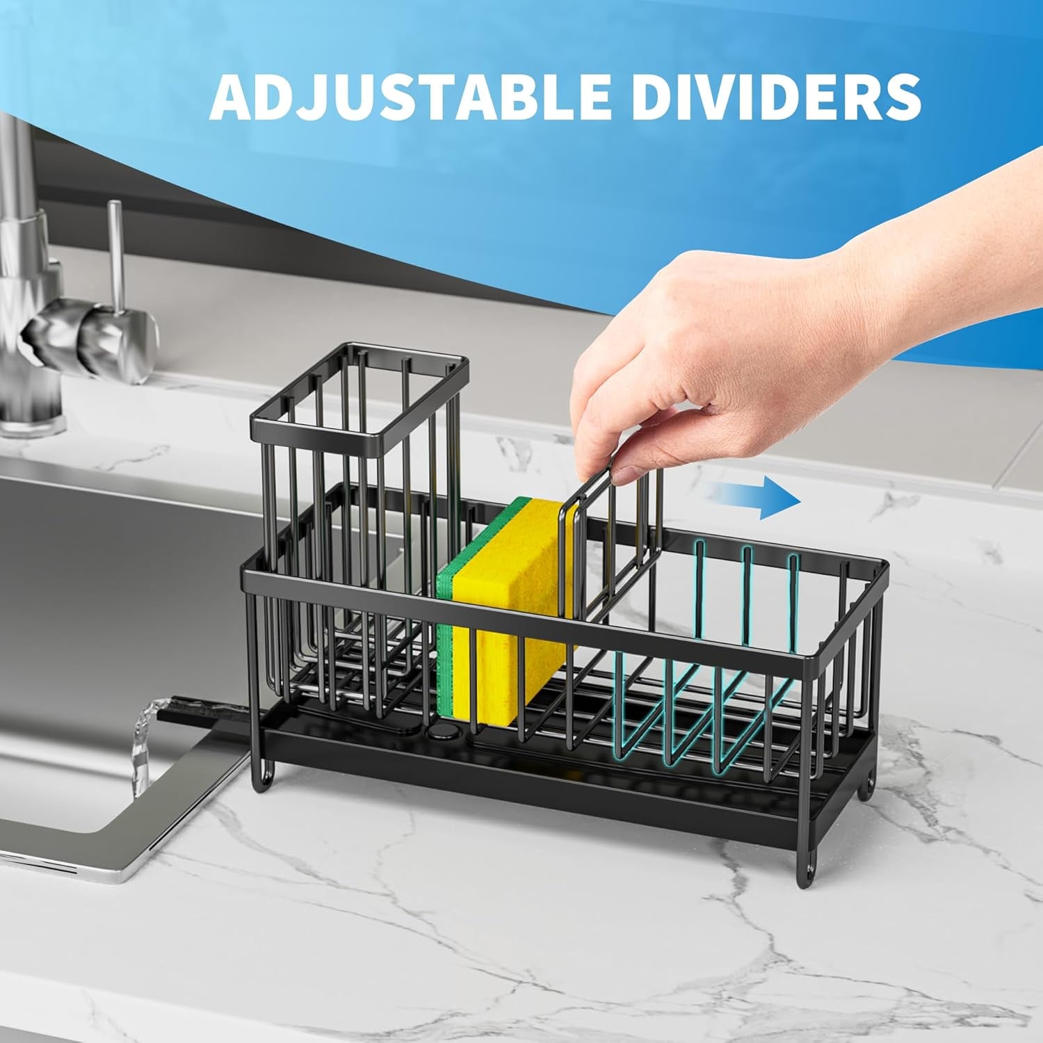 Black Sponge Holder for Kitchen Sink, Sink Caddy Organizer with High Brush Holder, Kitchen Countertop Organizers and Storage Essentials, Rustproof 304 Stainless Steel, Soap Dispenser Organize