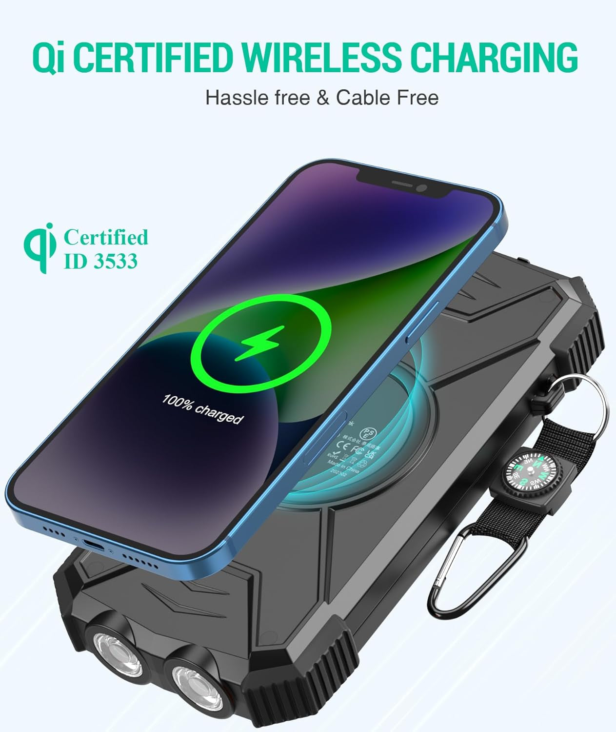 Solar Charger Power Bank 10,000Mah, Portable Wireless Charger, 20W Fast Charging External Battery Pack with USB C for Cell Phones, Solar Panel Charger with Dual Flashlight for Camping
