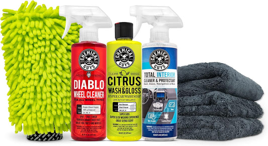 HOL357 Clean & Shine Car Wash Starter Kit - Safe for Cars, Trucks, Motorcycles, Suvs, Jeeps, Rvs & More (7 Piece Set, Including 3 16 Oz. Car Detailing Chemicals)