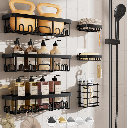 Stainless Steel Shower Caddy 6-Pack, No Drilling & Rustproof, Waterproof Adhesive Shelves Rack with Soap Holder, Large Capacity Bathroom Organizers and Storage, Wall-Mounted Kitchen & Home Decor