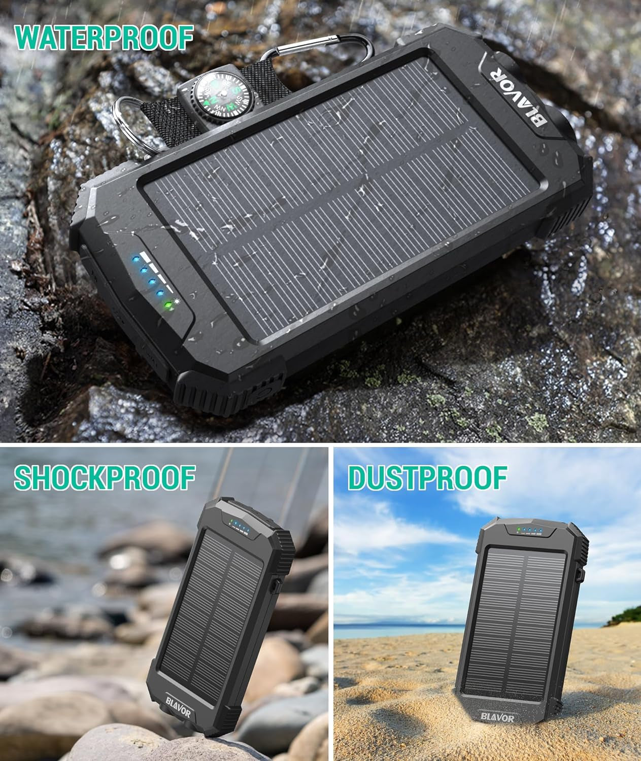 Solar Charger Power Bank 10,000Mah, Portable Wireless Charger, 20W Fast Charging External Battery Pack with USB C for Cell Phones, Solar Panel Charger with Dual Flashlight for Camping