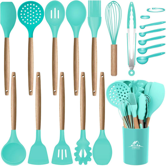 Silicone Cooking Kitchen Utensils Set with Holder, Wooden Handles Cooking Tool BPA Free Turner Tongs Spatula Spoon Kitchen Gadgets Set for Nonstick Cookware (Teal)