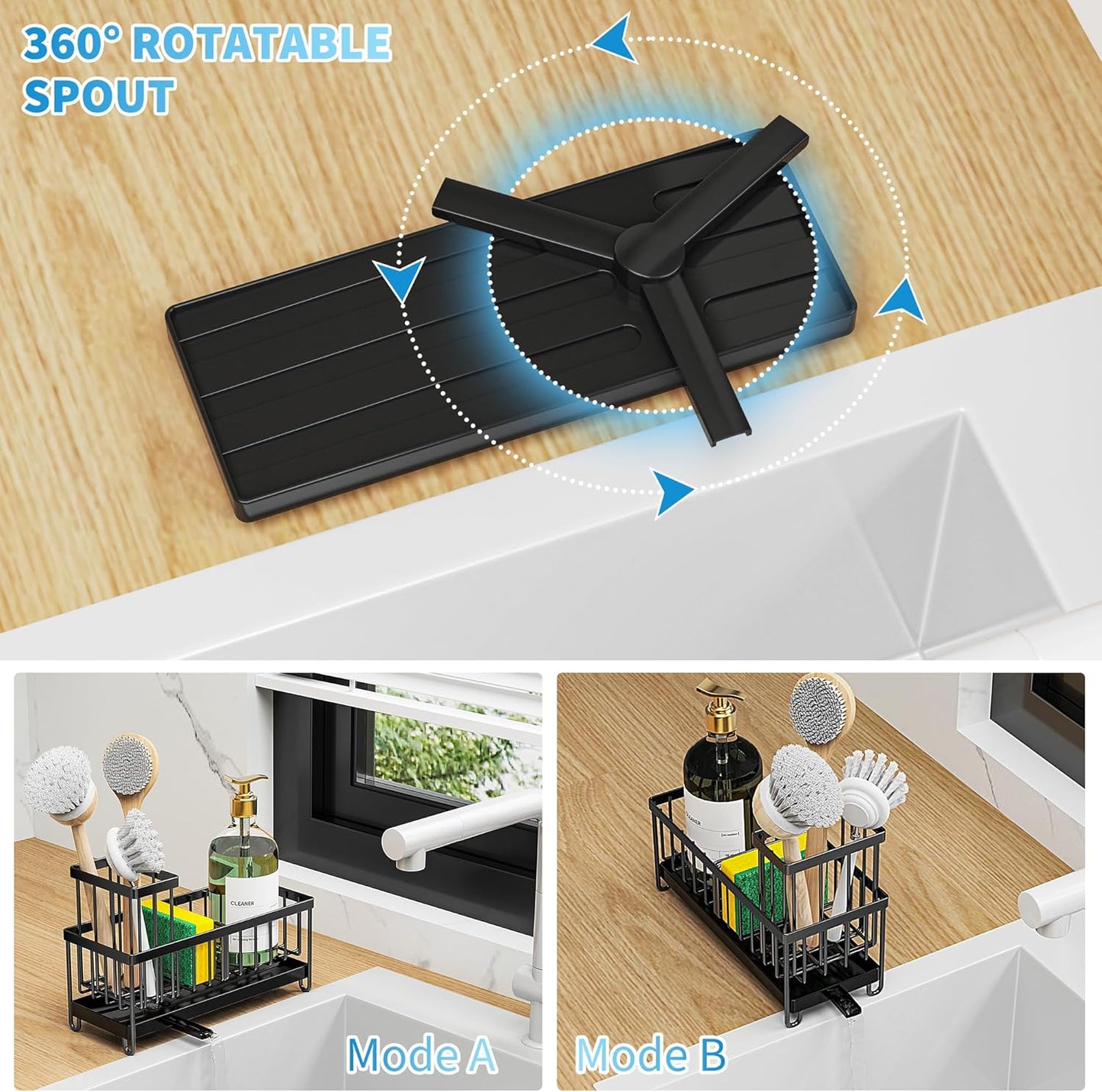 Black Sponge Holder for Kitchen Sink, Sink Caddy Organizer with High Brush Holder, Kitchen Countertop Organizers and Storage Essentials, Rustproof 304 Stainless Steel, Soap Dispenser Organize