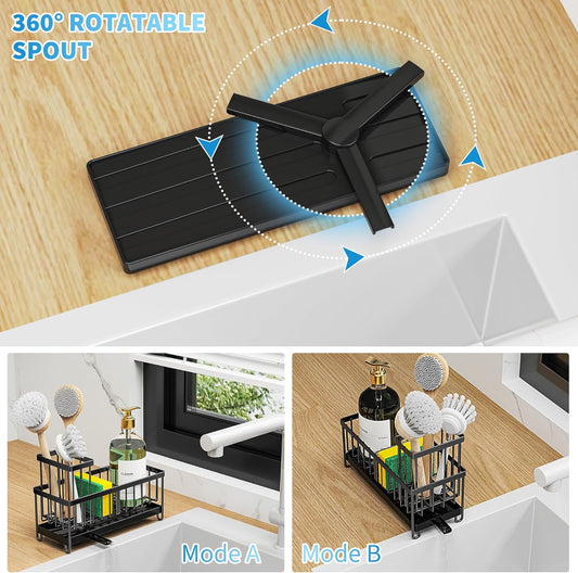 Black Sponge Holder for Kitchen Sink, Sink Caddy Organizer with High Brush Holder, Kitchen Countertop Organizers and Storage Essentials, Rustproof 304 Stainless Steel, Soap Dispenser Organize