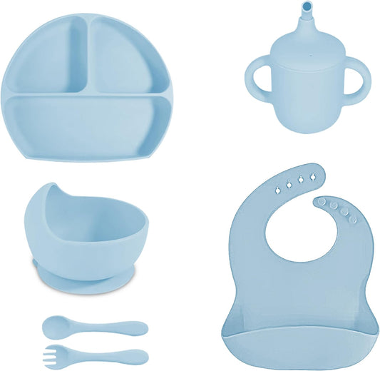 Silicone Baby Dining Set - Bib, Sippy Cup, Silverware, Bowl and Plate with Lids (Sky Blue)