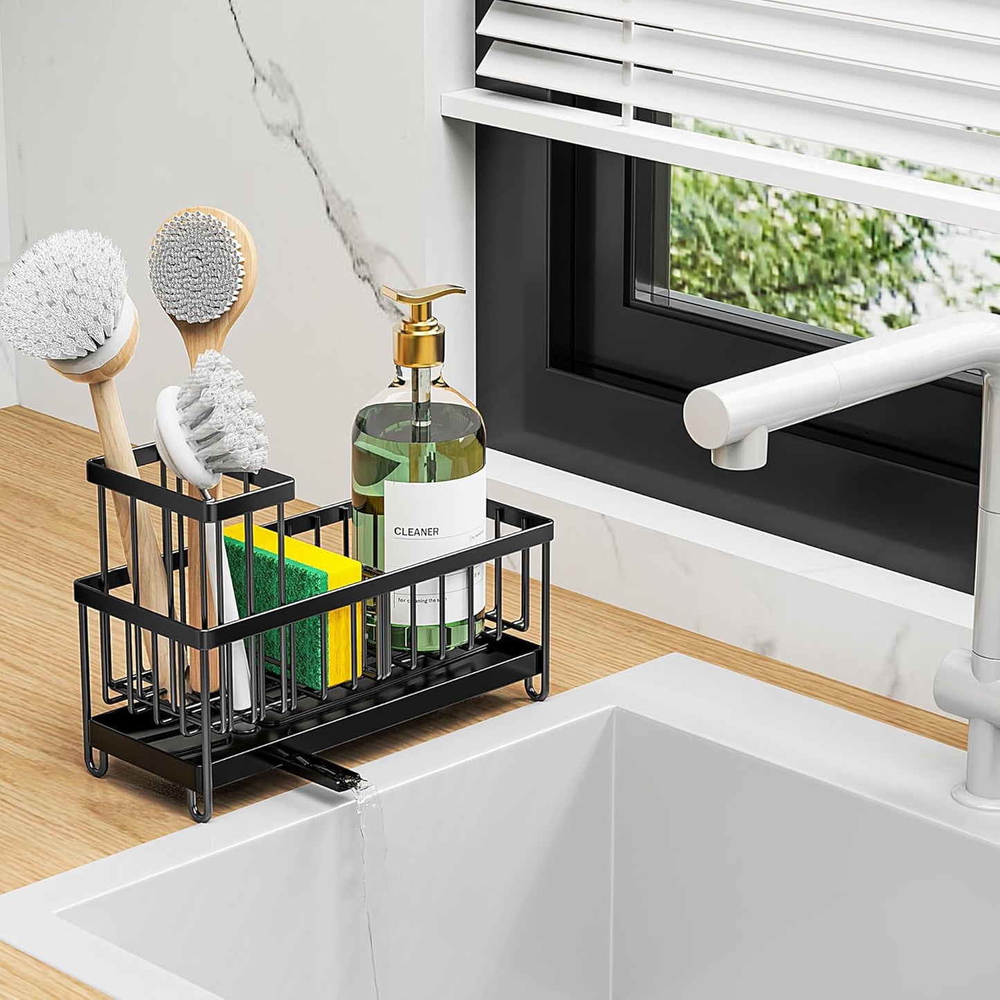 Black Sponge Holder for Kitchen Sink, Sink Caddy Organizer with High Brush Holder, Kitchen Countertop Organizers and Storage Essentials, Rustproof 304 Stainless Steel, Soap Dispenser Organize