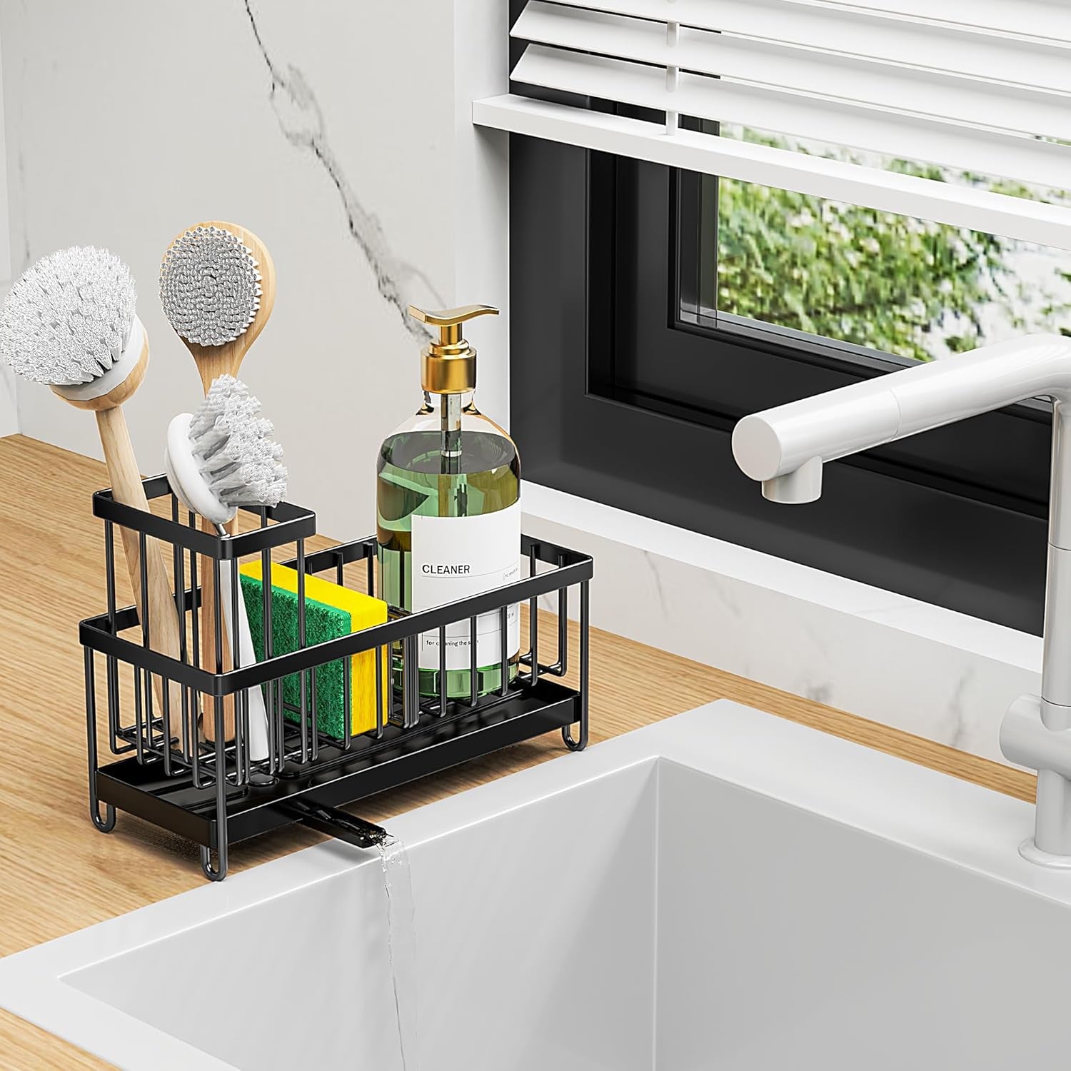 Black Sponge Holder for Kitchen Sink, Sink Caddy Organizer with High Brush Holder, Kitchen Countertop Organizers and Storage Essentials, Rustproof 304 Stainless Steel, Soap Dispenser Organize