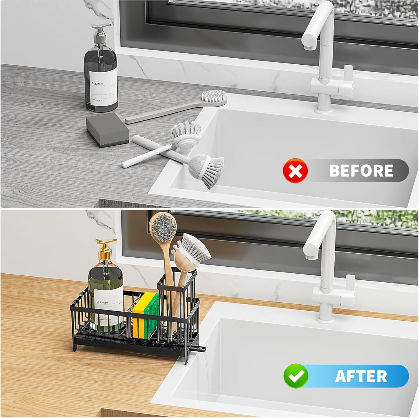 Black Sponge Holder for Kitchen Sink, Sink Caddy Organizer with High Brush Holder, Kitchen Countertop Organizers and Storage Essentials, Rustproof 304 Stainless Steel, Soap Dispenser Organize