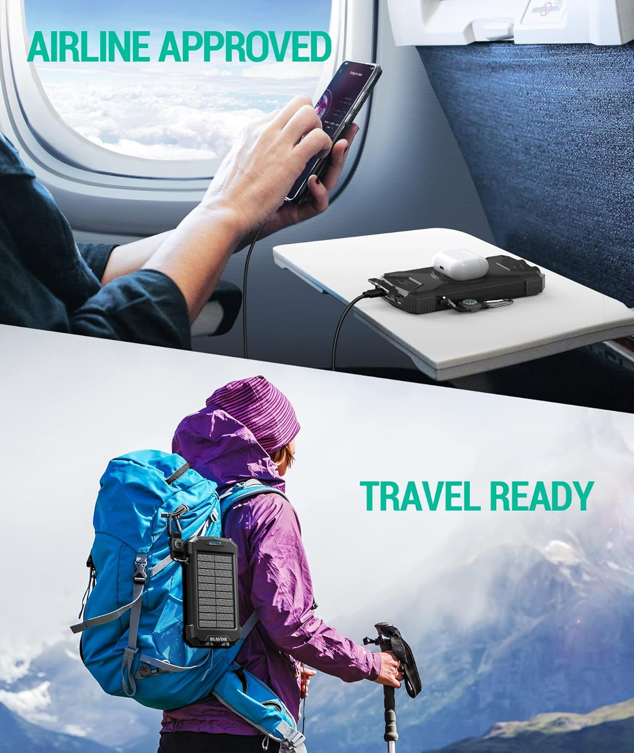 Solar Charger Power Bank 10,000Mah, Portable Wireless Charger, 20W Fast Charging External Battery Pack with USB C for Cell Phones, Solar Panel Charger with Dual Flashlight for Camping