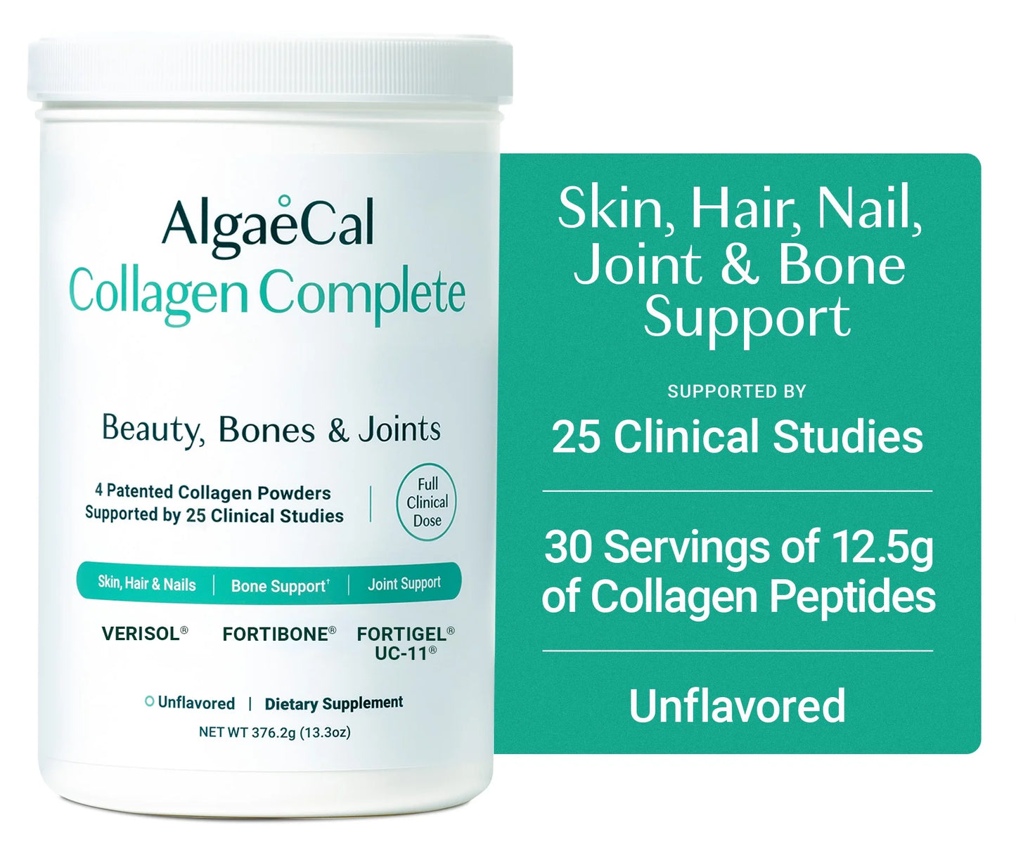 Collagen Complete - 4 Patented Collagens Supported by 25 Clinical Studies. Full Clinical Doses of VERISOL®, FORTIGEL®, UC-II®, & FORTIBONE®. for Hair, Skin, Nails, Joints, Bones.