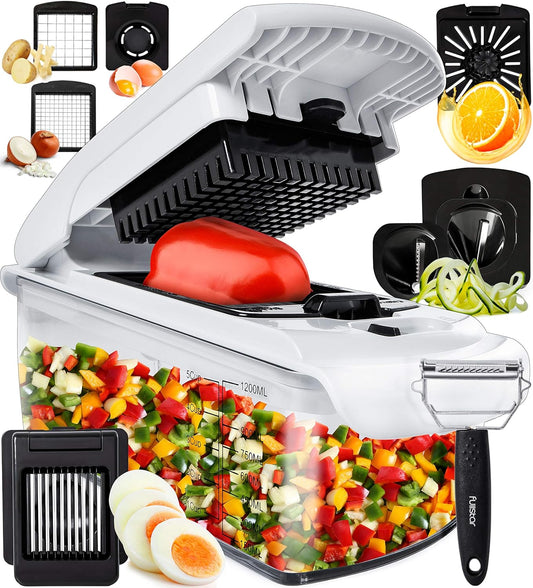 Vegetable Chopper and Spiralizer - Food Chopper with Container, Fruit Slicer, Kitchen Gadgets & Accessories, Home Essentials (9 in 1, White)